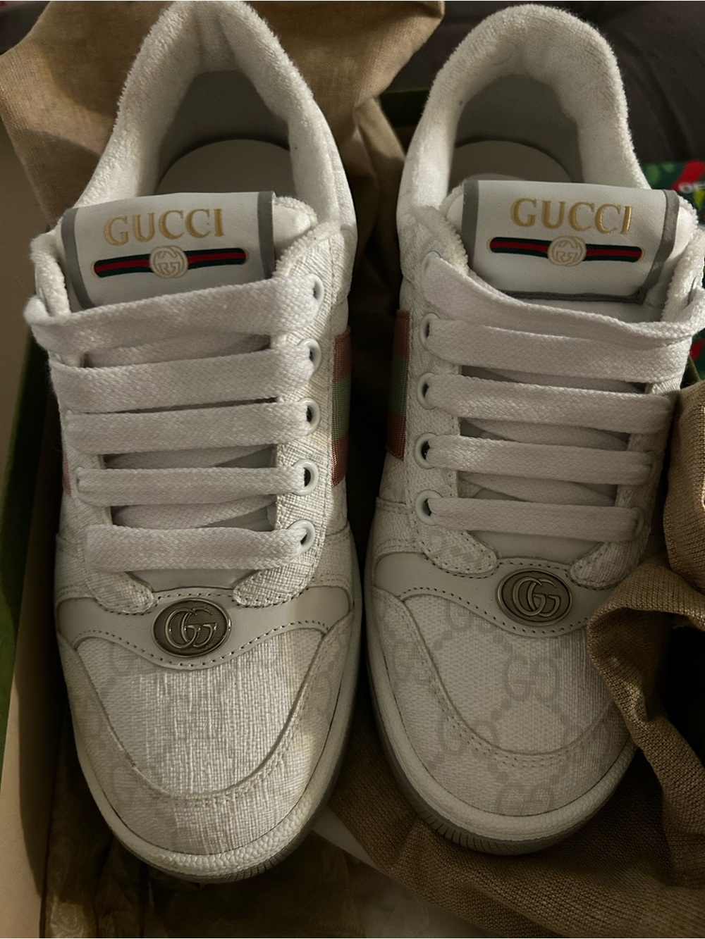 Gucci White Leather & Canvas Sneakers